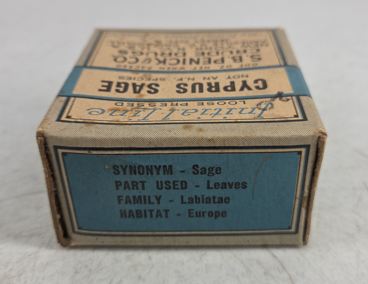 Antique Initial Line Cyprus Sage SB Penick Co Crude Drugs NY NOS Sealed Box