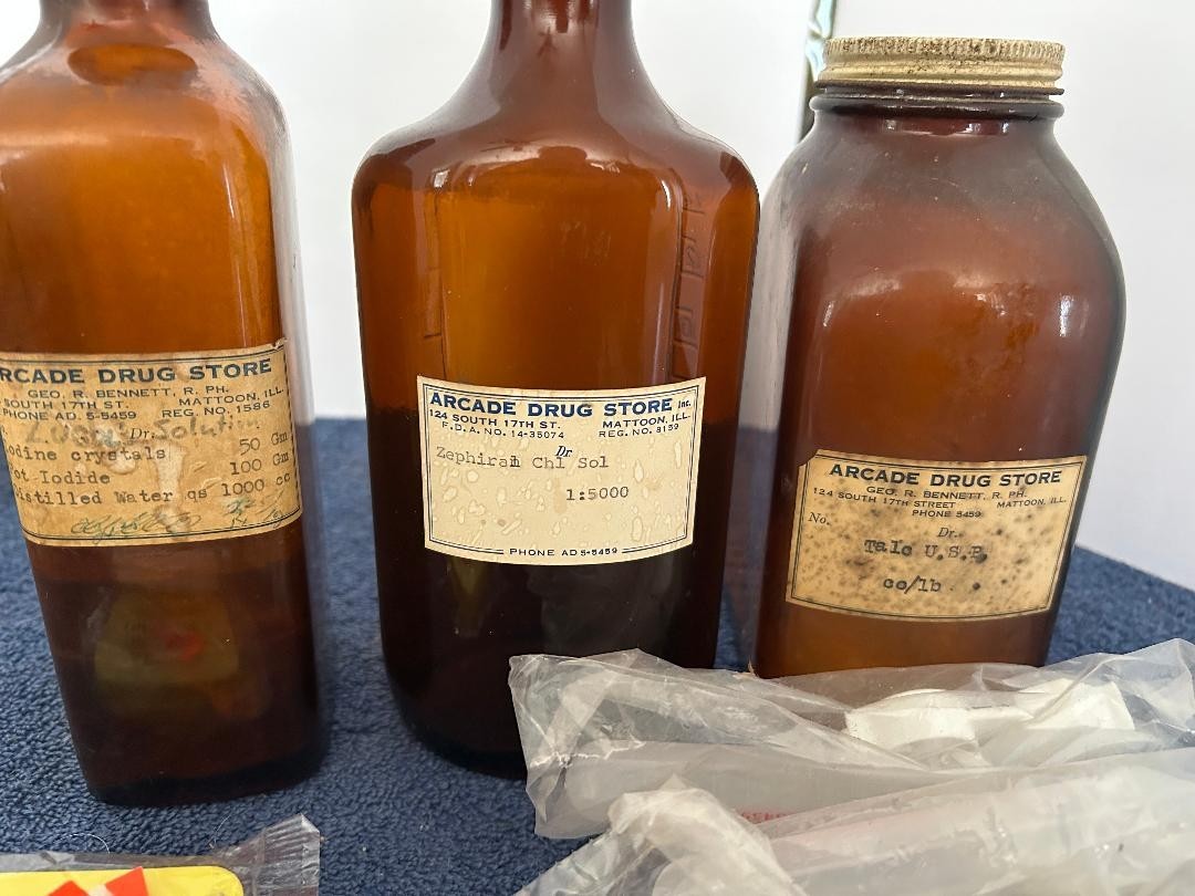 3 Vintage Brown glass bottles from Arcade Pharmacy Mattoon, IL Geo Bennett RPh