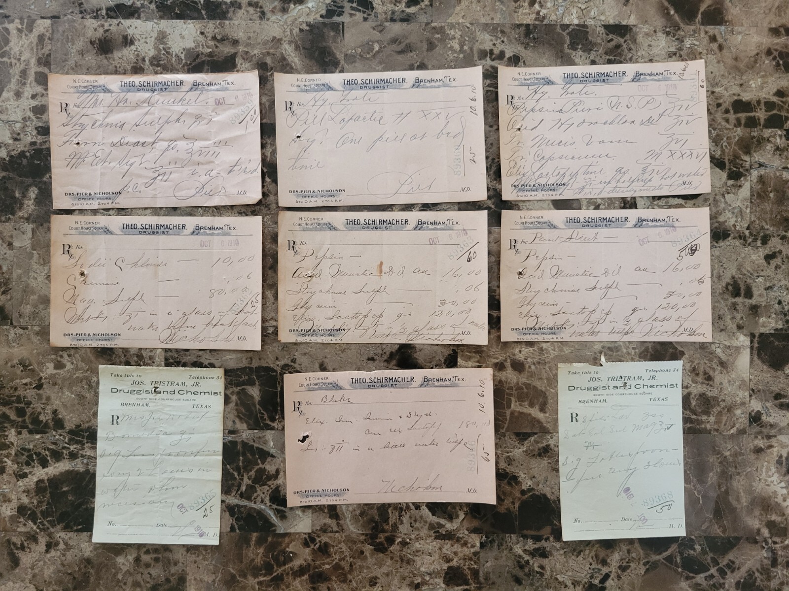 File box & 70 antique prescriptions (1910) – Codeine, Poisons, Equine