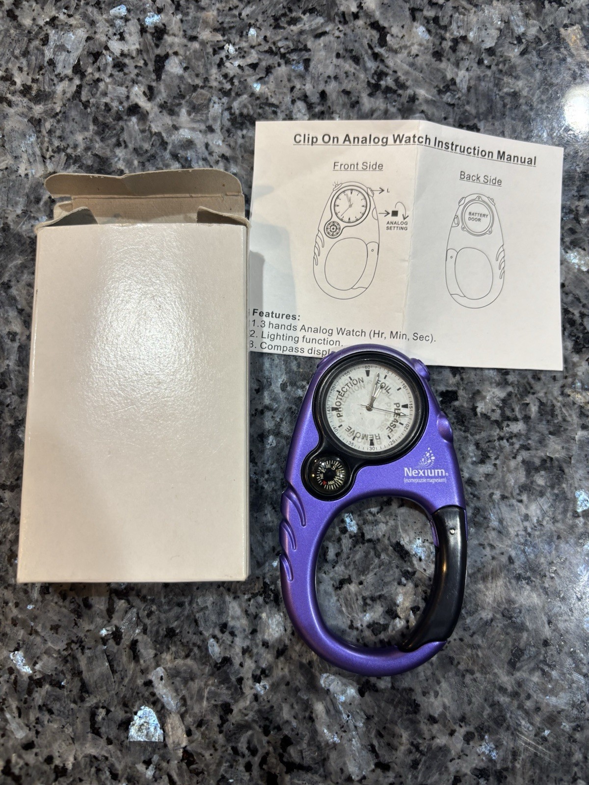 Nexium the Purple Pill AstraZeneca Analog Watch Compass Carabiner New In Box
