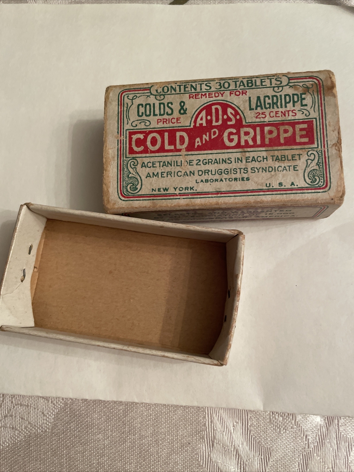 A.D.S. Cold And Grippe Tablets Advertising Medicine Box-New York-USA
