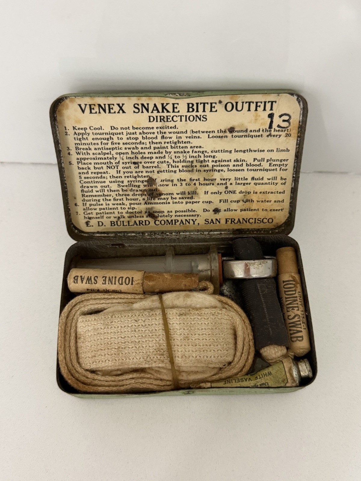Vintage 1930s Bullard first aid snakebite pocket packet with contents