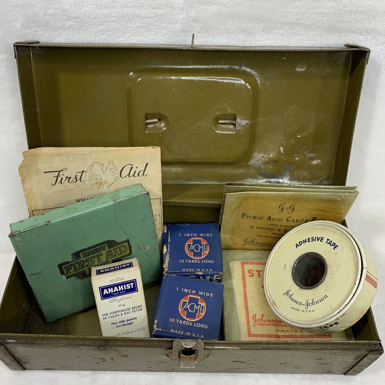 Vintage Medical First Aid Box Kit Green Metal Anahist Acme Johnson Mercurochrome