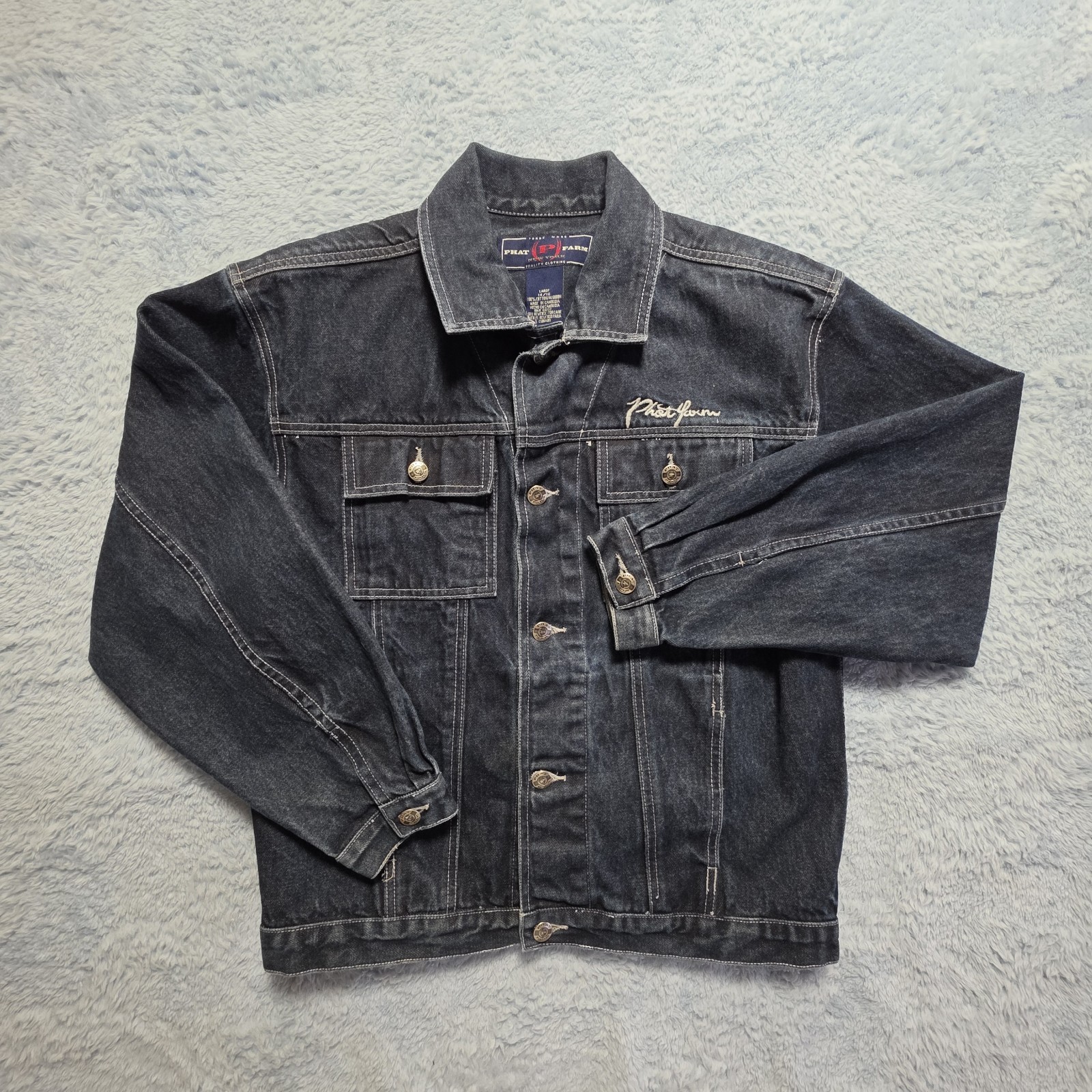 Vintage 90s Y2k Phat Farm New York Men’s Large Denim Trucker Jacket Embroidered