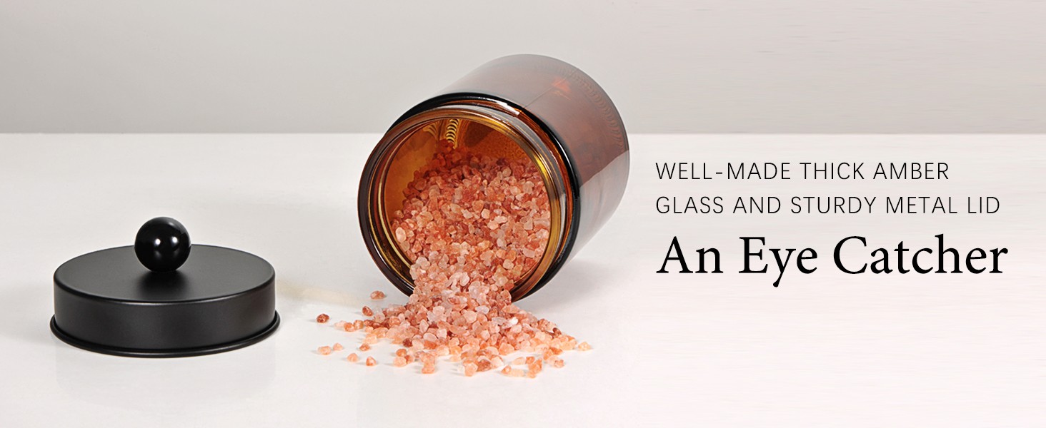Amber Glass Qtip Holder, Apothecary Jars with Matte Black Metal Lid &