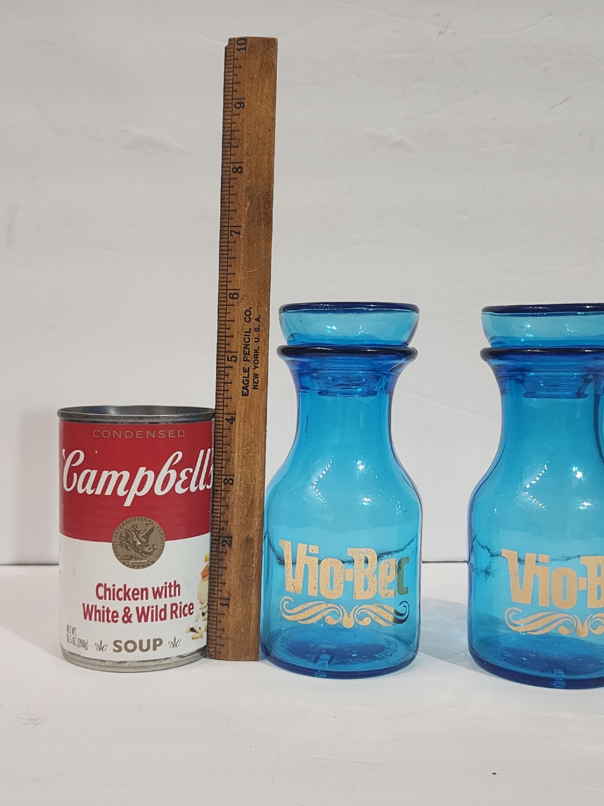 Vtg Set 2 Blue Glass Apothecary Jar Bottle Bubble Lid Belgium Gold Vio-Bec *Q