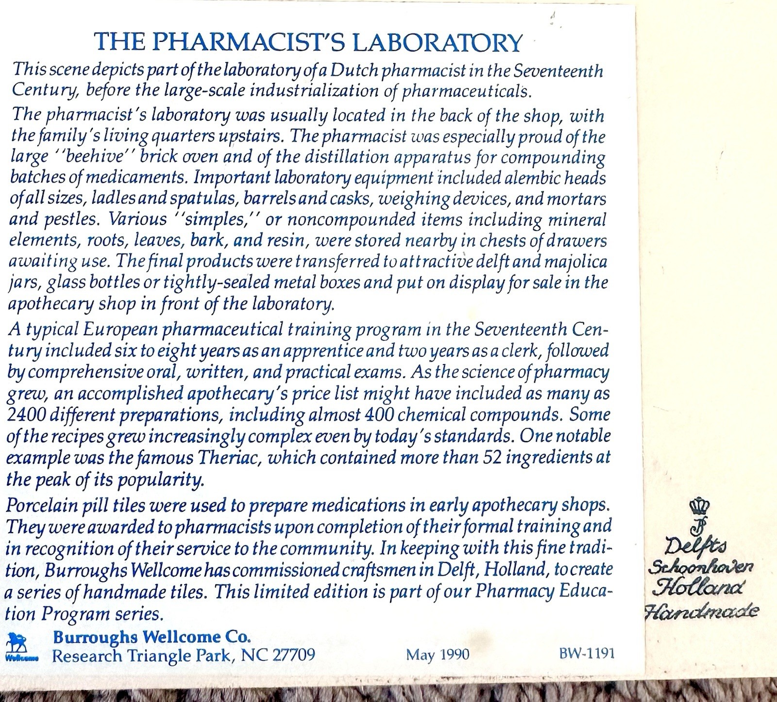 Vintage 1990 Delft Holland Blue Hand Painted Porcelain Tile Early Pharmacist 6×6