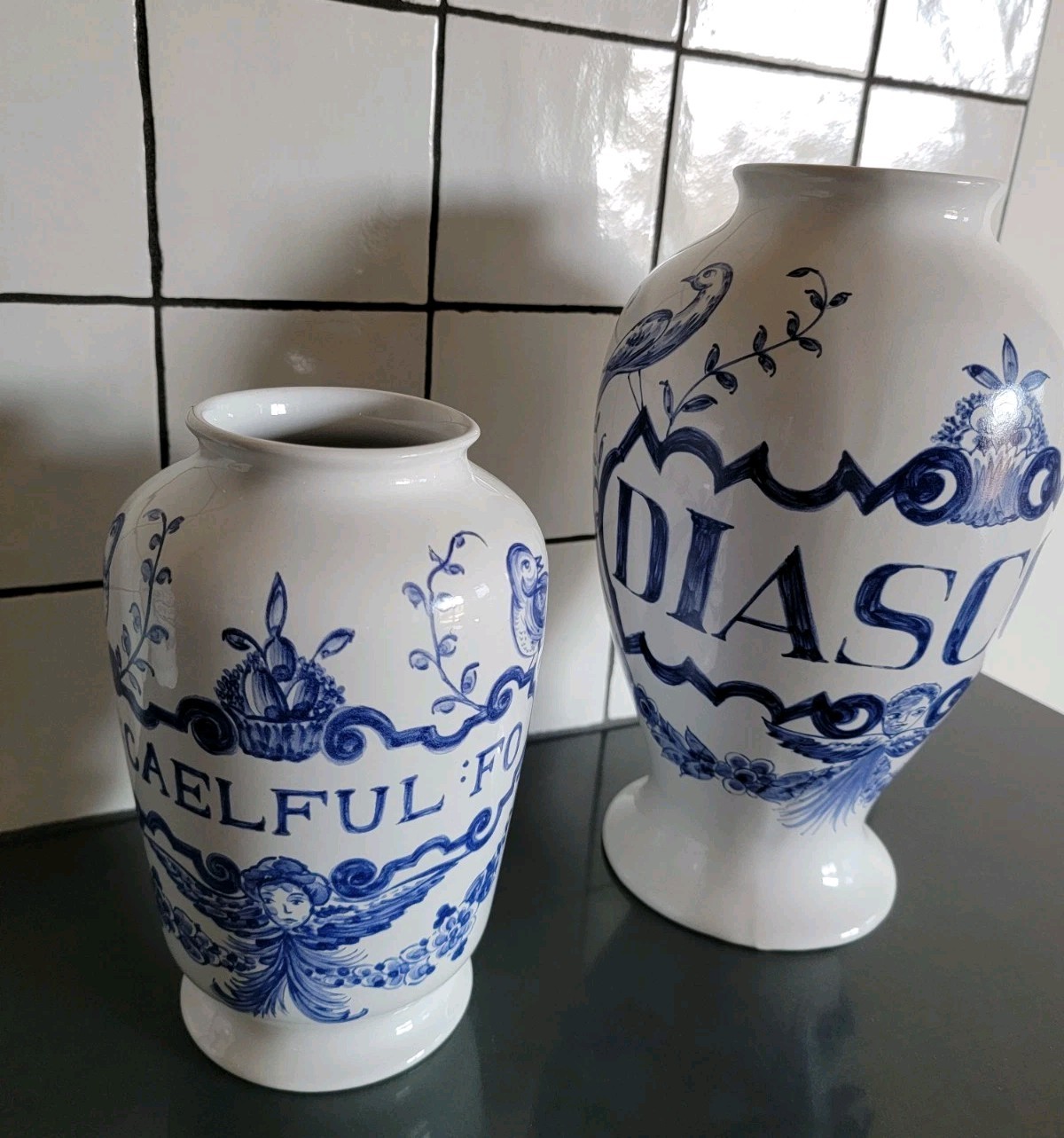2 Vintage Lilly Pharmaceuticals-Apothecary Jar 1989 Blue/White Pottery Portugal