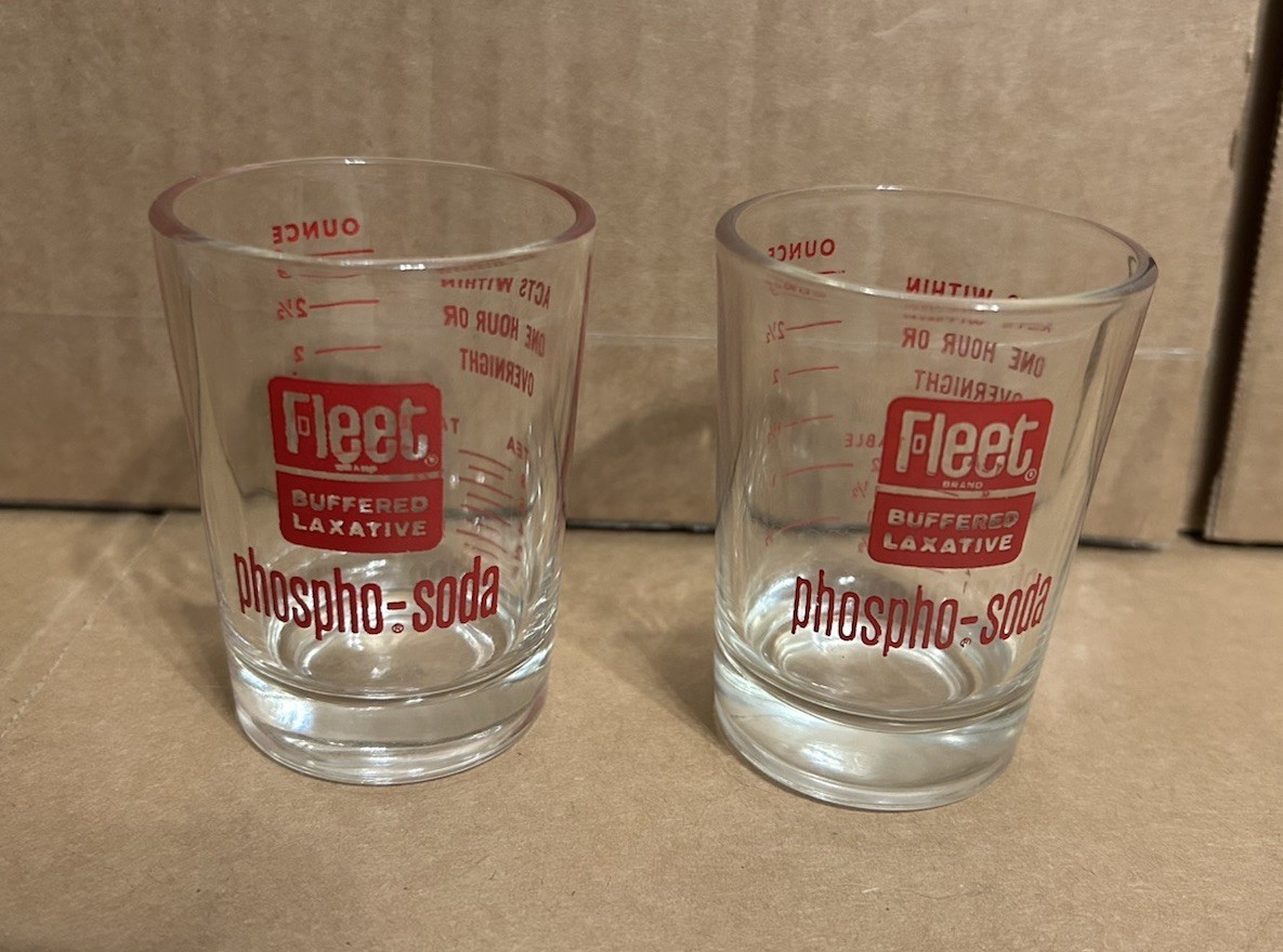 Vintage Fleet Buffered Laxative Phospho-Soda Graduated Medicine Shot Glass x2