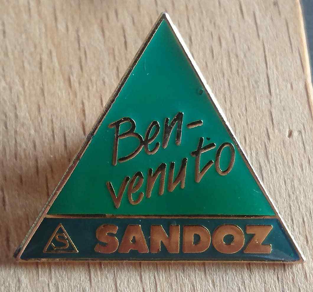 SANDOZ Pharmaceuticals pin LSD Albert Hofmann – BENVENUTO logo pin badge