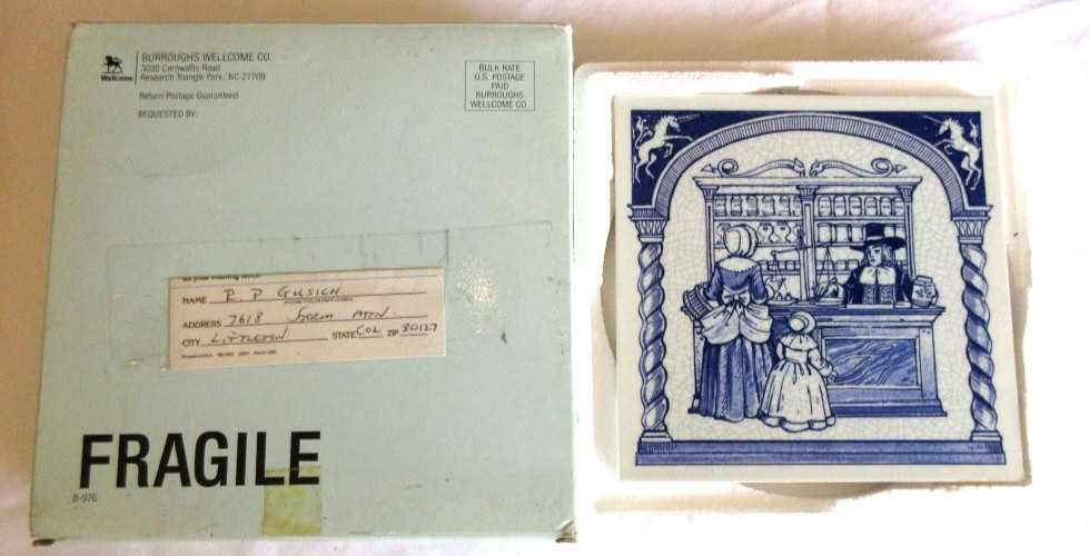 Burroughs Wellcome Delft Holland Apothecary Tile 1988 w Box Pharmacy