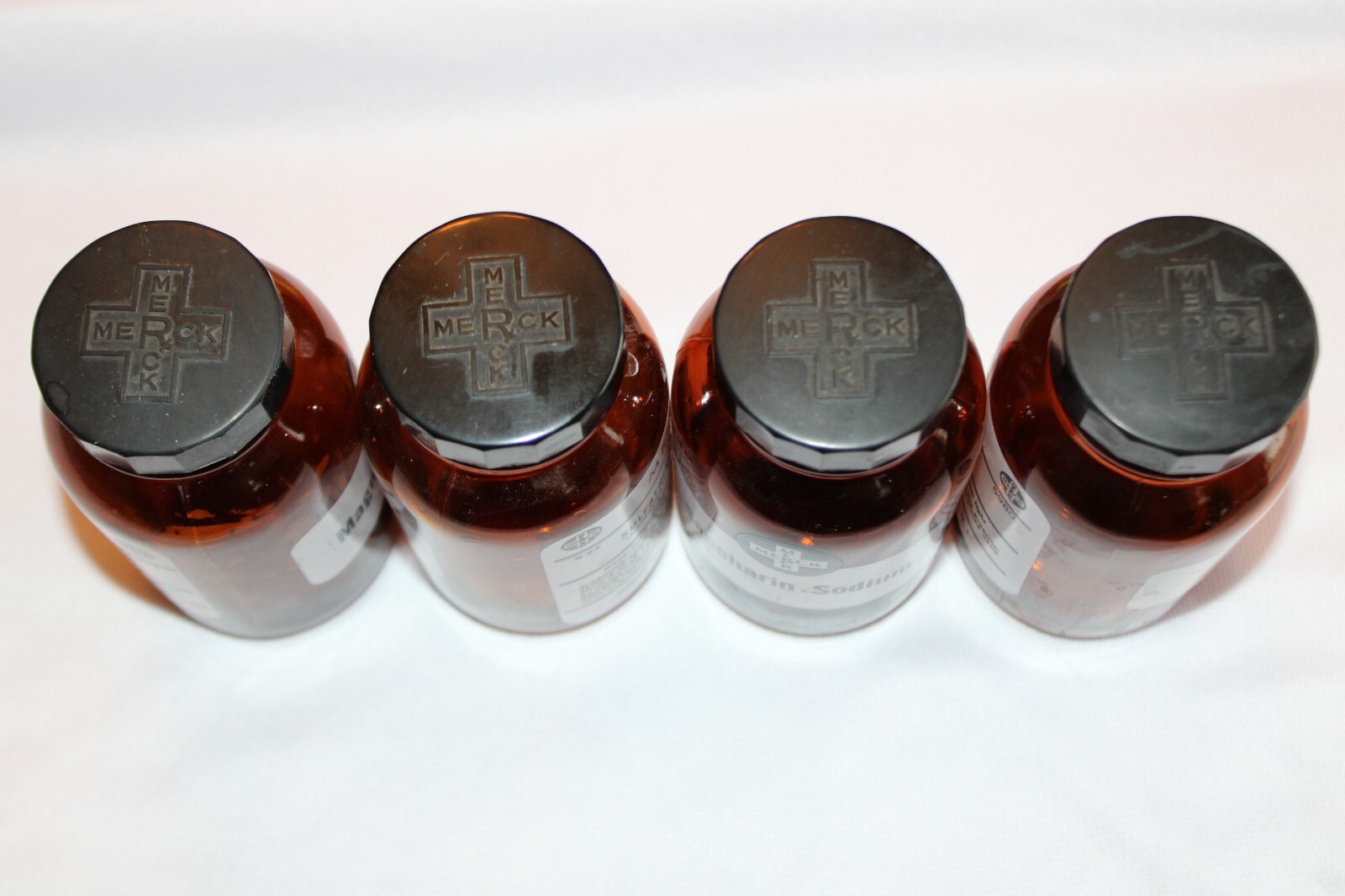 LOT OF 4 VINTAGE AMBER MEREK PHARMACEUTICAL APOTHECARY-MEDICINE BOTTLES 5″ JARS