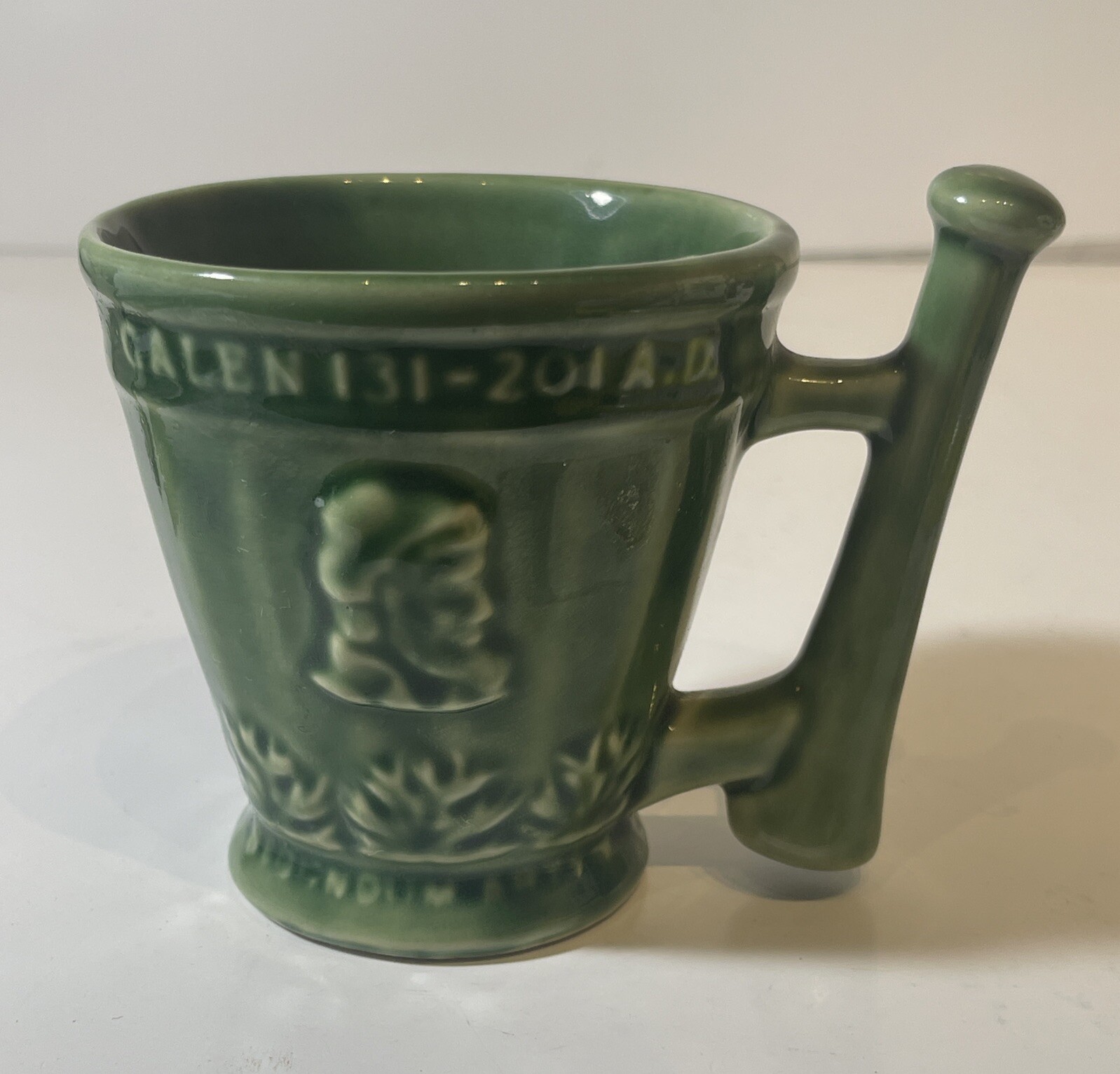 Vintage Coricidin Green Pottery Mug RX Galen Schering Pharmacy Cup Mortar Pestle