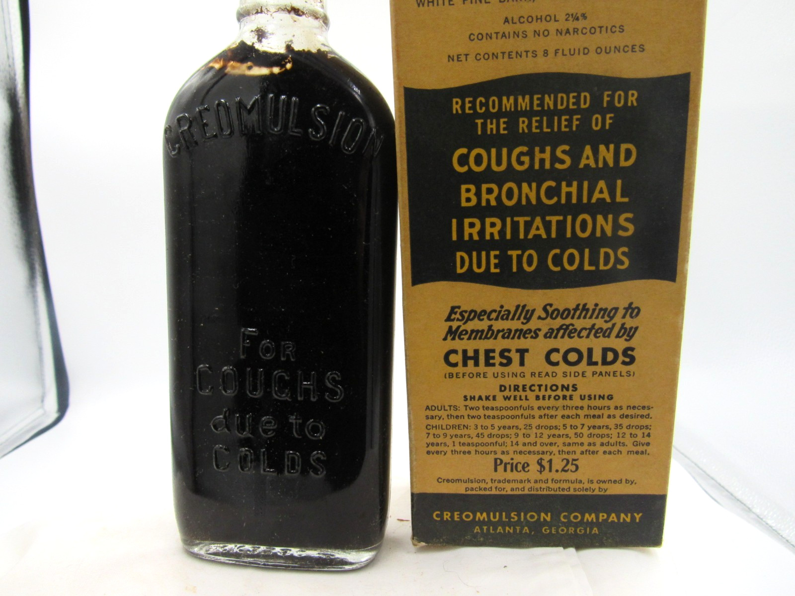 BW – 1930s Creomulsion Coughs Bronchial Atlanta Ga 7 3/4 ” Medicine bottle Box