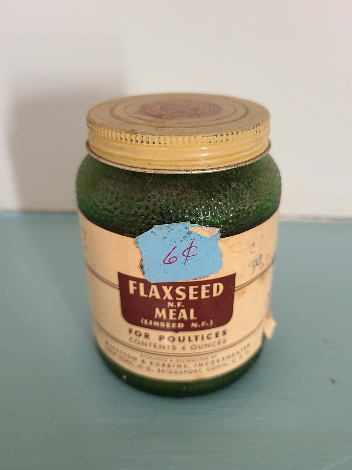 Vintage Apothecary Mckessons Flaxseed with meal jar with contents
