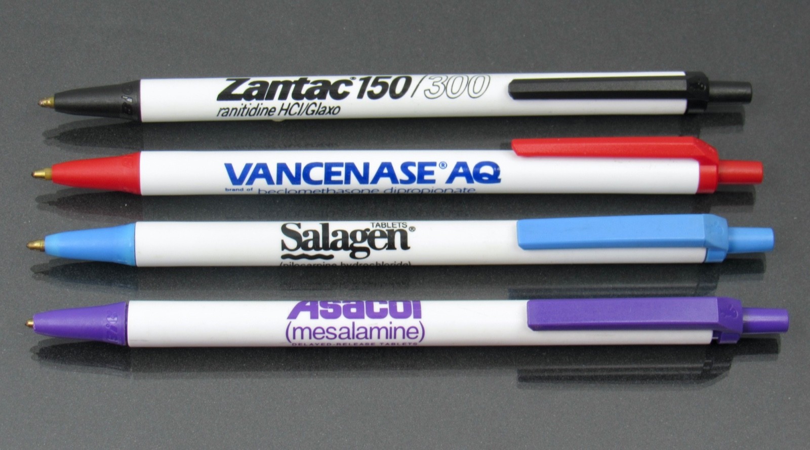 Lot of 4 BIC PENS Drug Rep Pharmaceutical Promo Asacol Salagen Vancenase Zantac