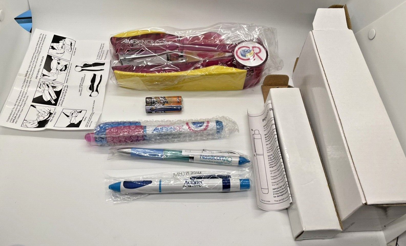 Ambient CR Stapler Tape Dispenser Pen light NasacortAQ Actonel Ballpoints NOS