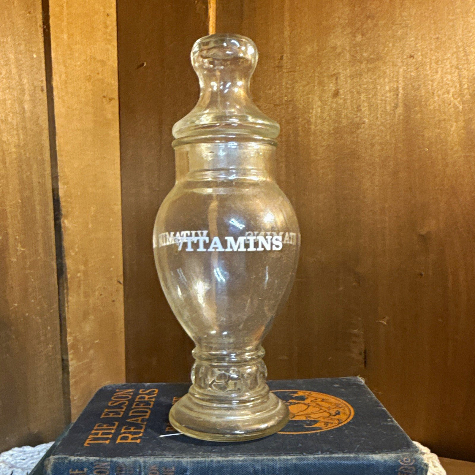 Clear Glass Apothecary Jar with Lid, Labeled “VITAMINS” Vintage