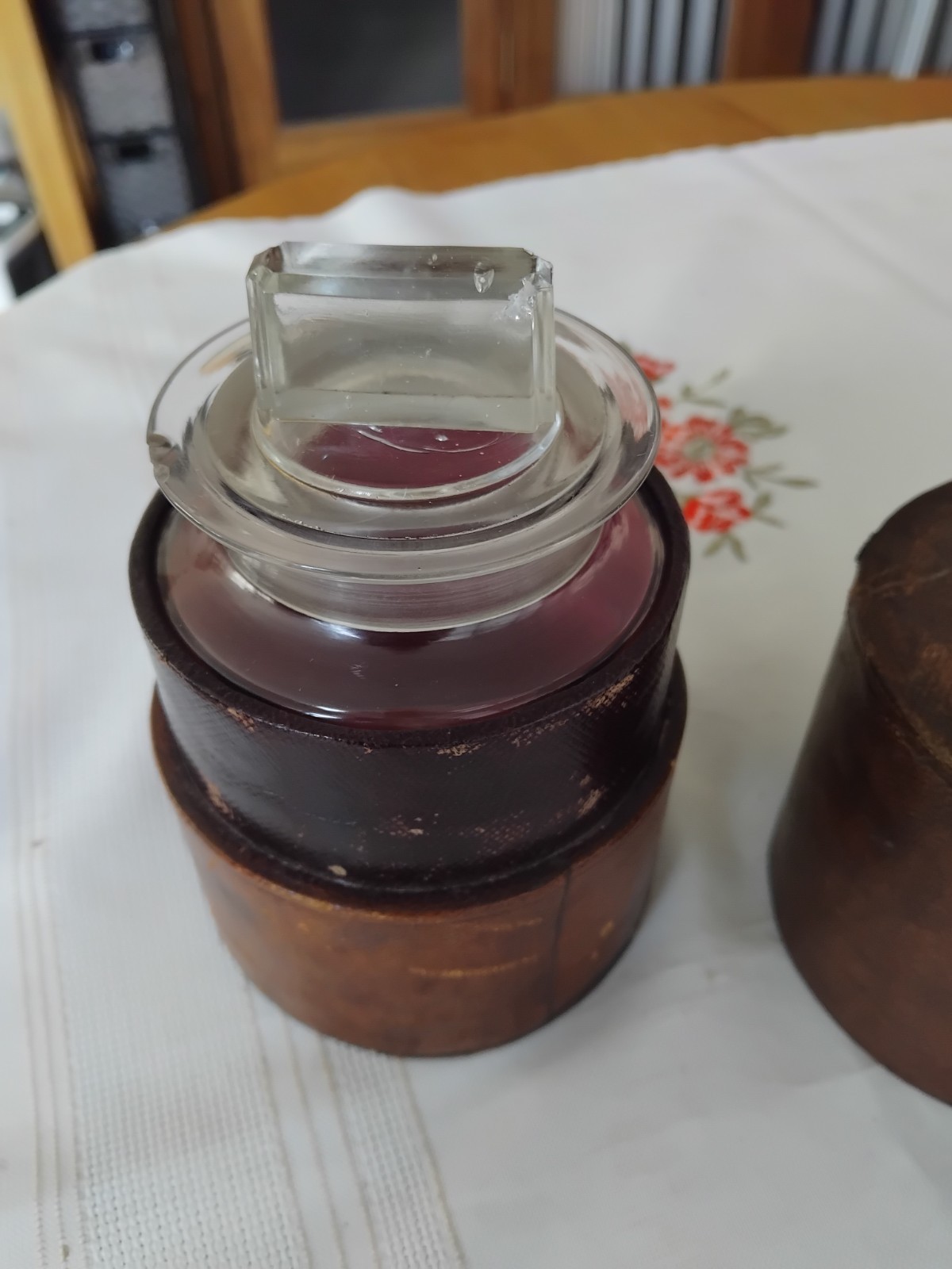 Antique Victorian Glass POMADE Jar in Original Leather Holder