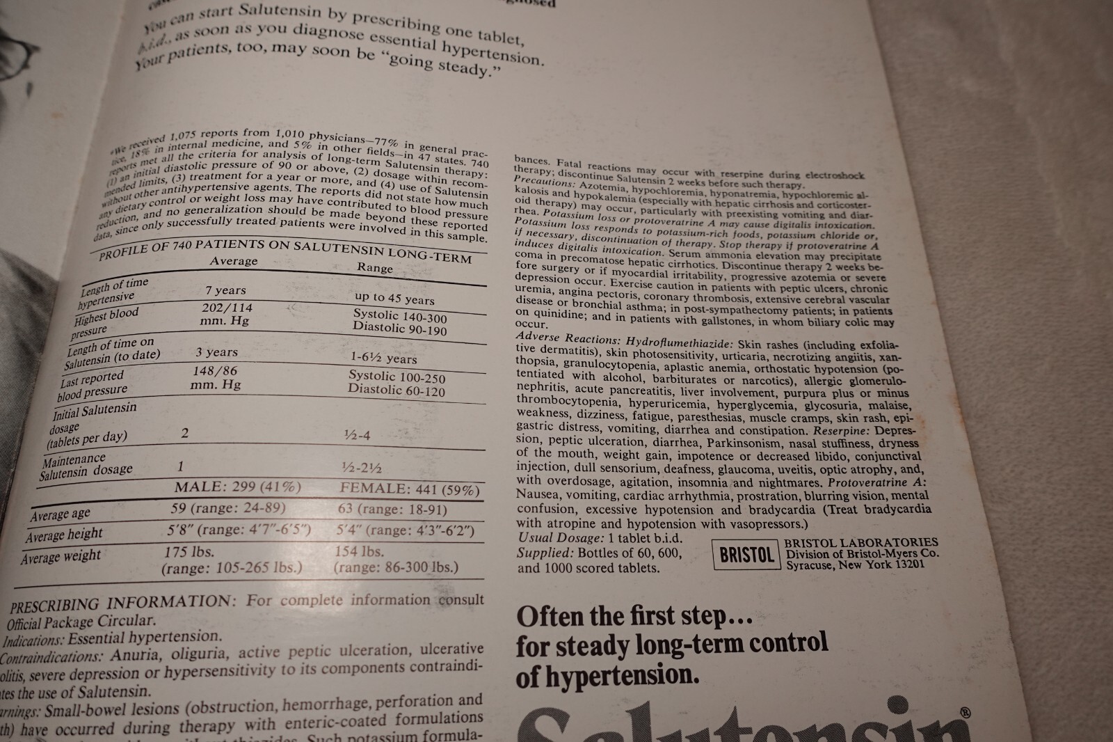 Salutensin Blood Pressure Medication Bristol Laboratories 1960s Advertisement