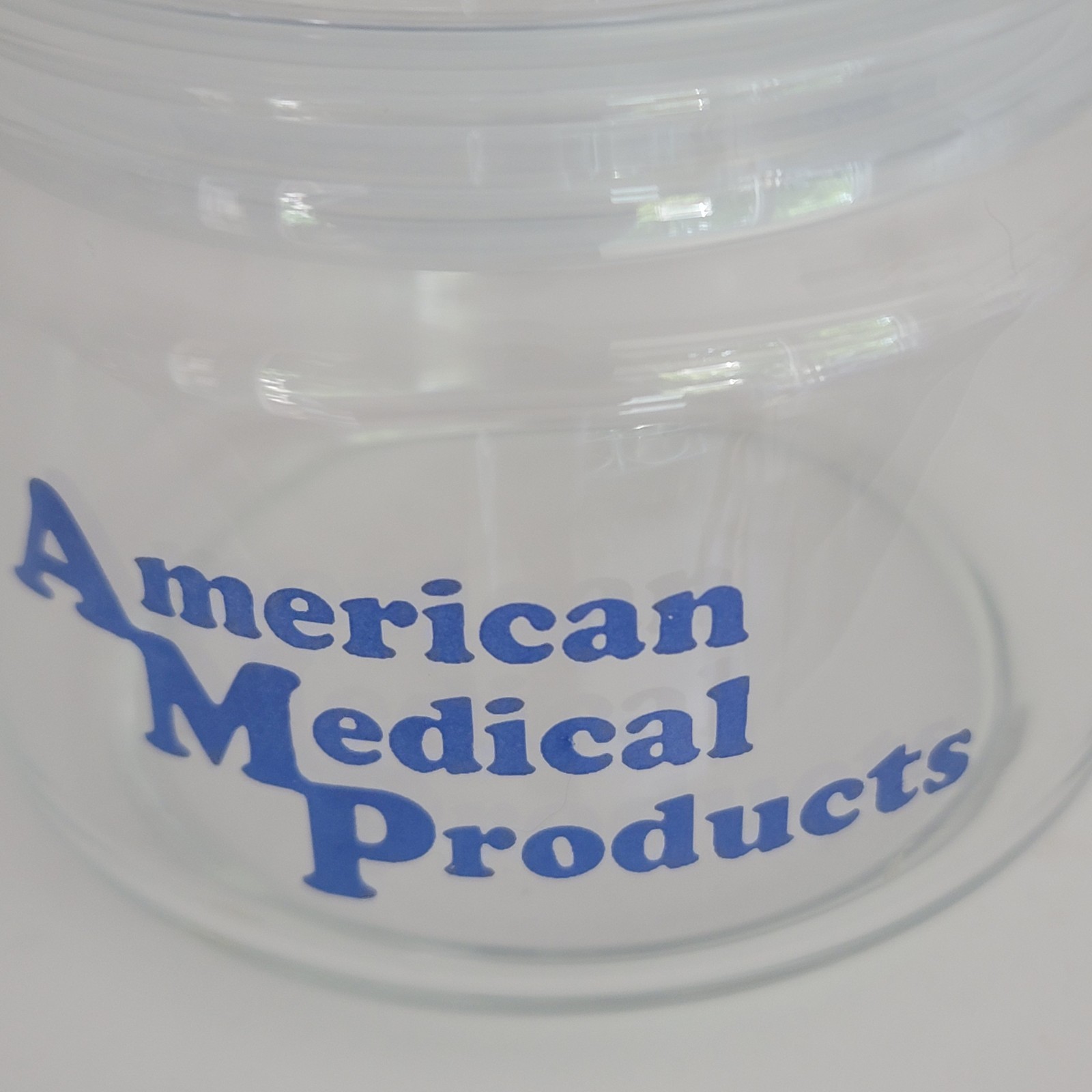 American Medical Products Promo Clear Glass Jar Blue Writing 6″ VTG Retro