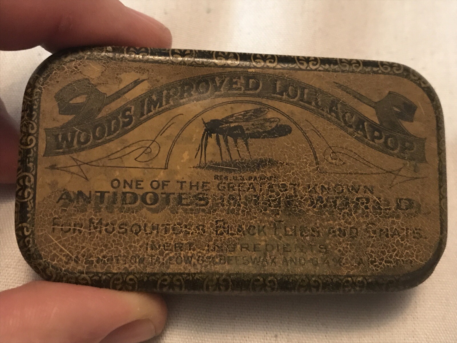WOODS IMPROVED LOLLACAPOP Bug Bite Antidote Vintage Tin, George Wood, Syracuse