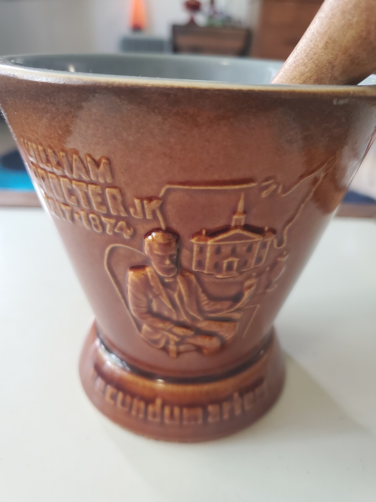Schering William Procter Jr Rx ceramic mortar and pestle brown Vtg