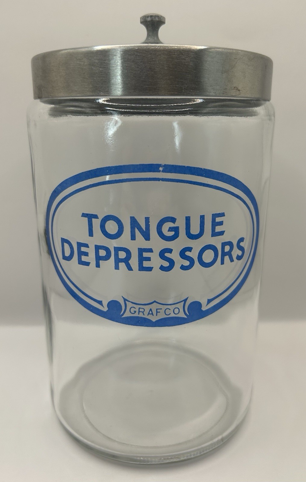 Grafco Medical Apothecary Glass Jar Stainless Lid Blue Letters Tongue Depressors