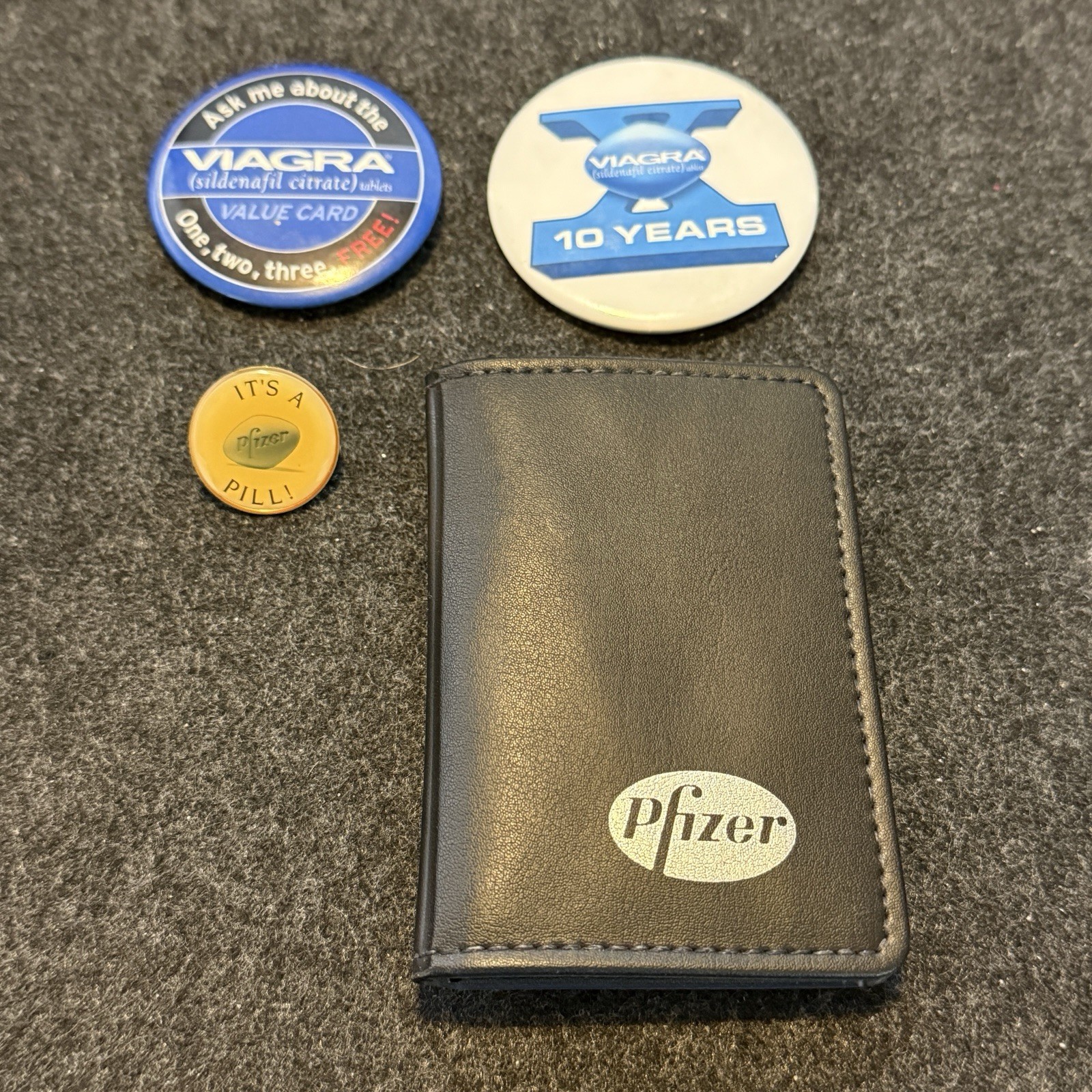 Vintage Y2K Pfizer Viagra Promo Wallet & Button Pin Lot Pharmaceutical Ephemera