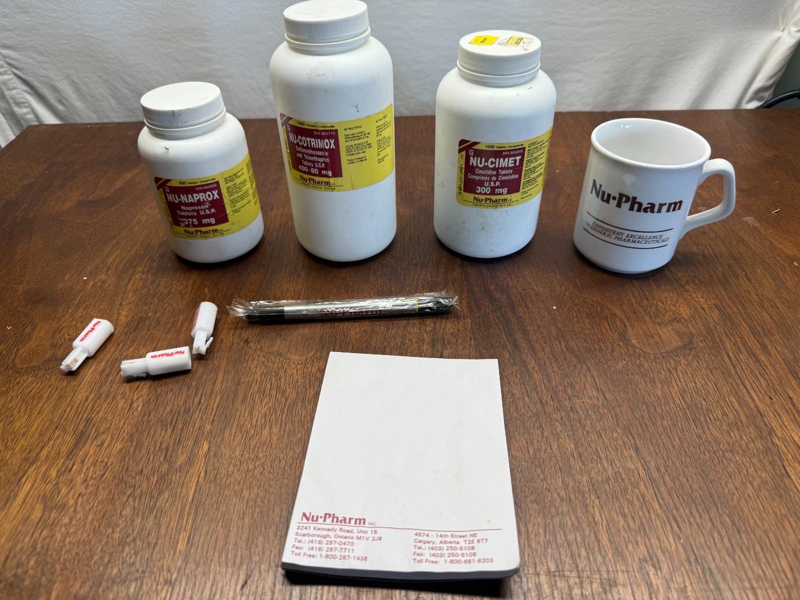 nu-pharm vintage Pharmacutical mug pen empty bottle Naprox Cimet Cotrimox Bundle