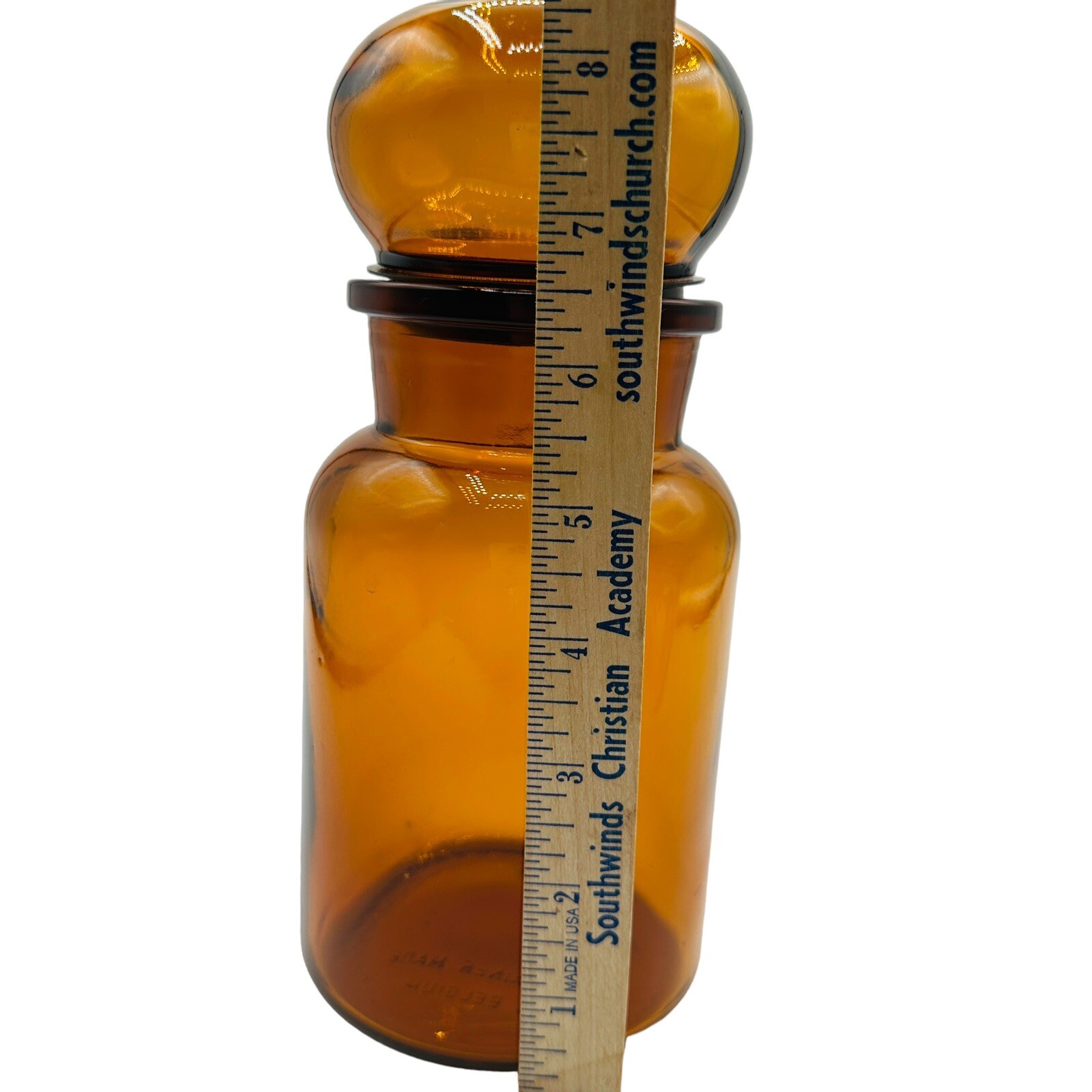 Vintage Amber Brown Apothecary Jar & Hollow Sealed Stopper Made In Belgium