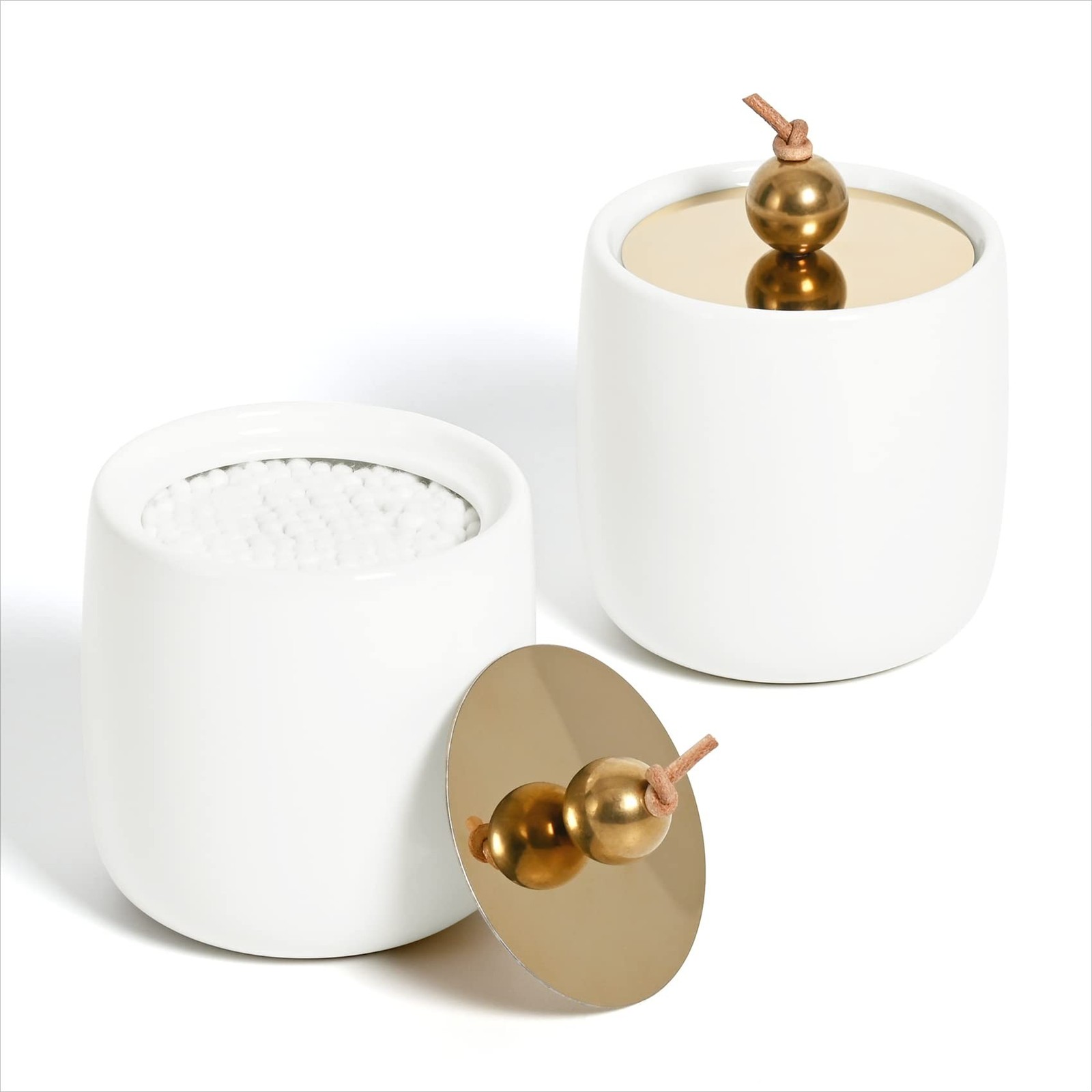 2 Pack Ceramic Qtip Holder Dispenser with Gold Lids, White Apothecary Jars Ba…