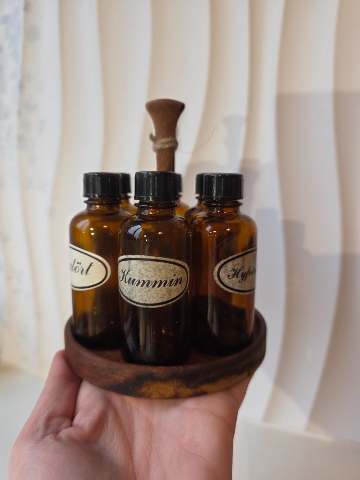 Rare Swedish 1960s apothecary tincture bottles set in wooden stand