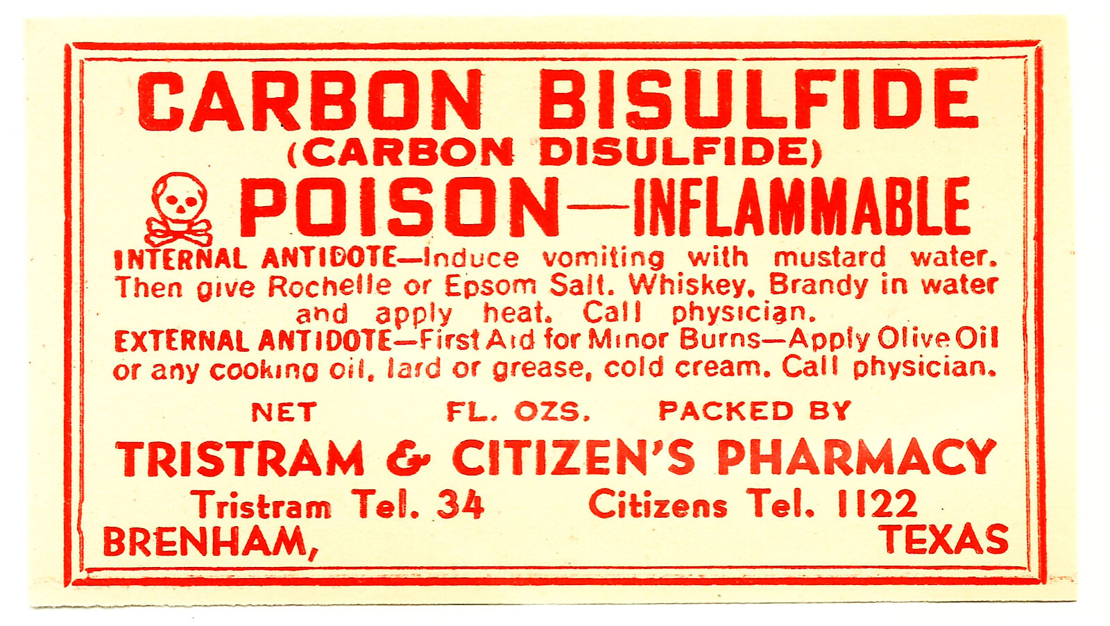 1 Antique Pharmacy Label CARBON BISULFIDE Poison Tristram & Citizen’s Pharmacy
