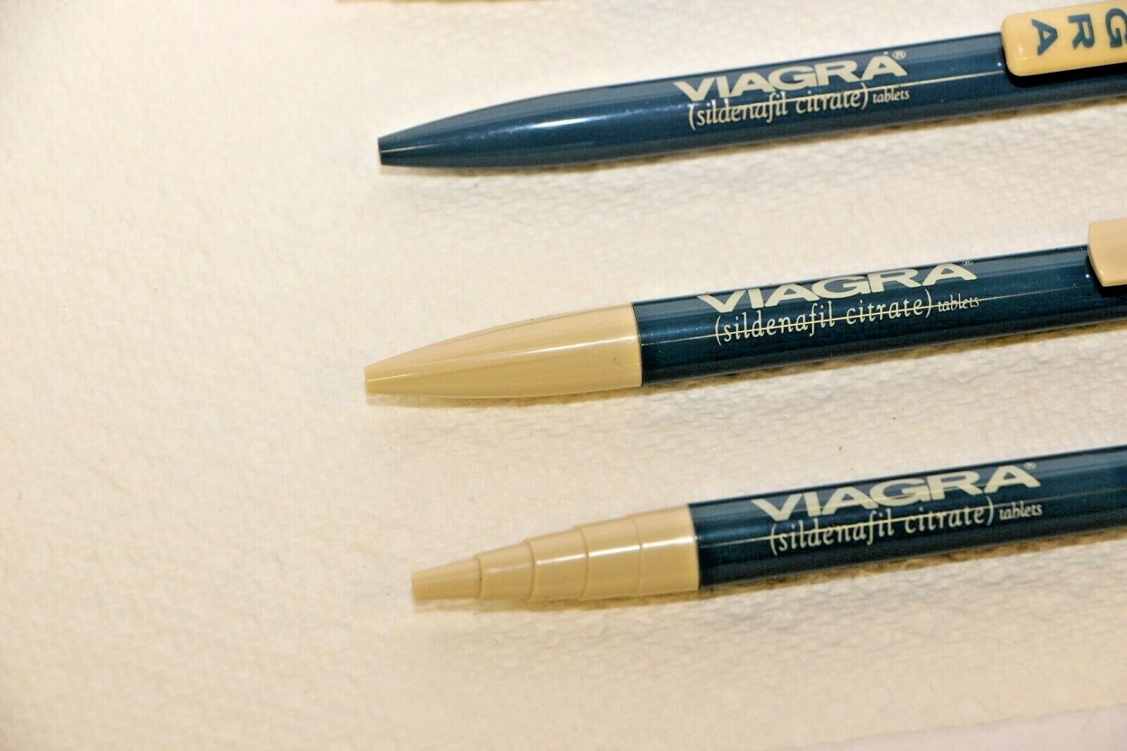 Pharmaceutical 5 Plastic Drug Rep Collectible Pens Viagra Blue and Cream