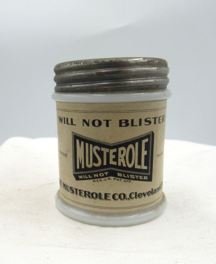 1930’s Musterole Co Ointment Cleveland Ohio 2 1/2 ” Milk Glass Medicine Jar