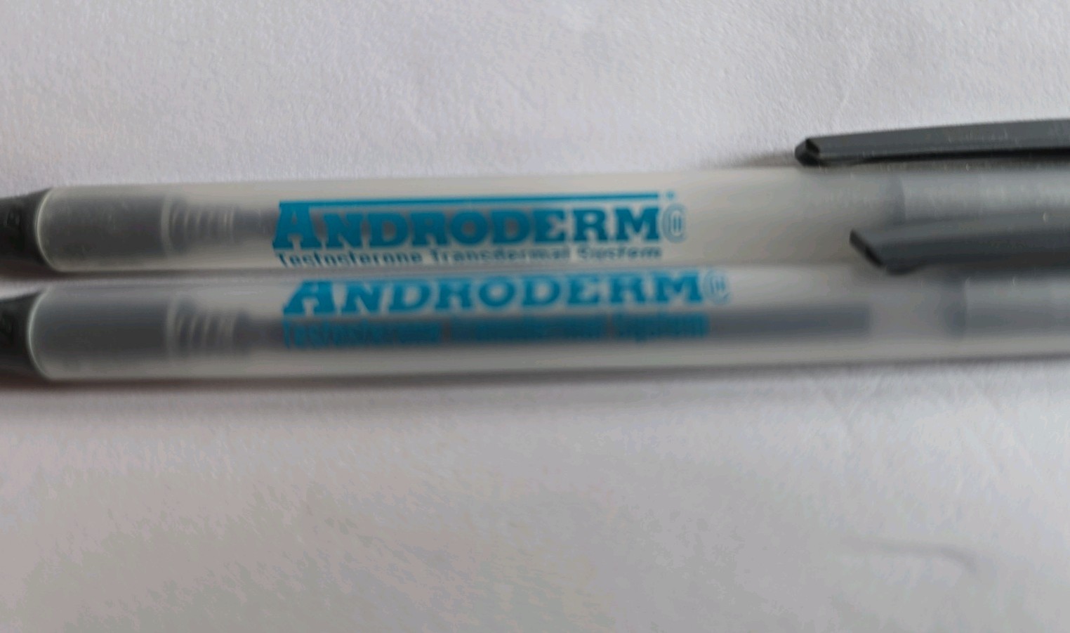Androderm Plastic Pens x2 Pharmaceutical Drug Rep Promos Vintage Medical WRITES!
