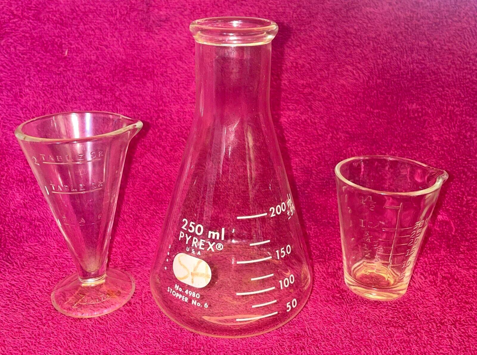 3 Vintage Beakers Zonite Glass 2 Tbsp Apothecary Measuring Beaker w/Spout Plus