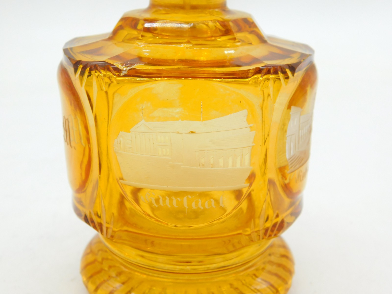19th Century Bohemian Amber Glass Acid Etched Scent Bottle Antique c1860