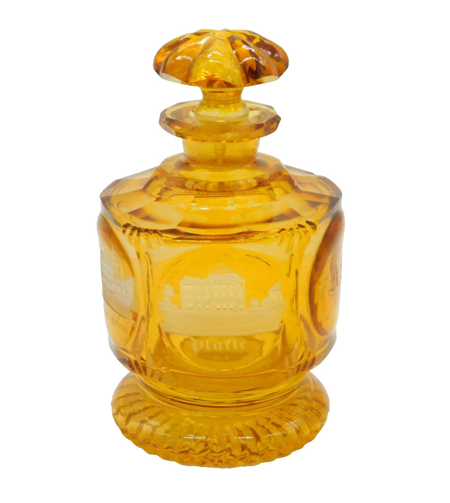 19th Century Bohemian Amber Glass Acid Etched Scent Bottle Antique c1860