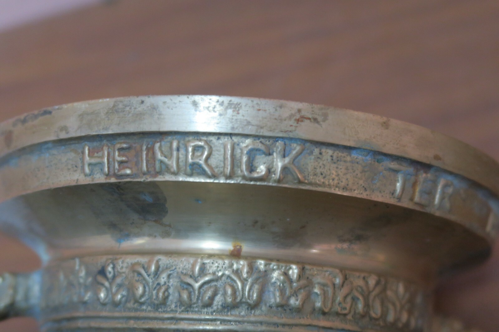 Vintage Heavy 7″ Bronze Mortar & Pestle Reproduction of Heinrick ter Herst 1607