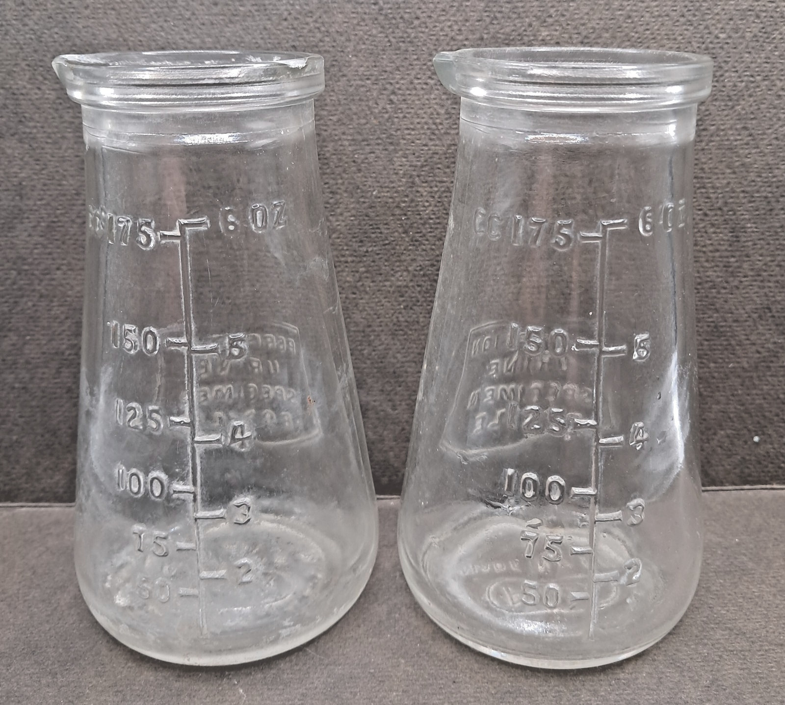 Pair of 6oz Vintage “Protex” Perfection Glass Urine Specimen Bottles 41 Stamp