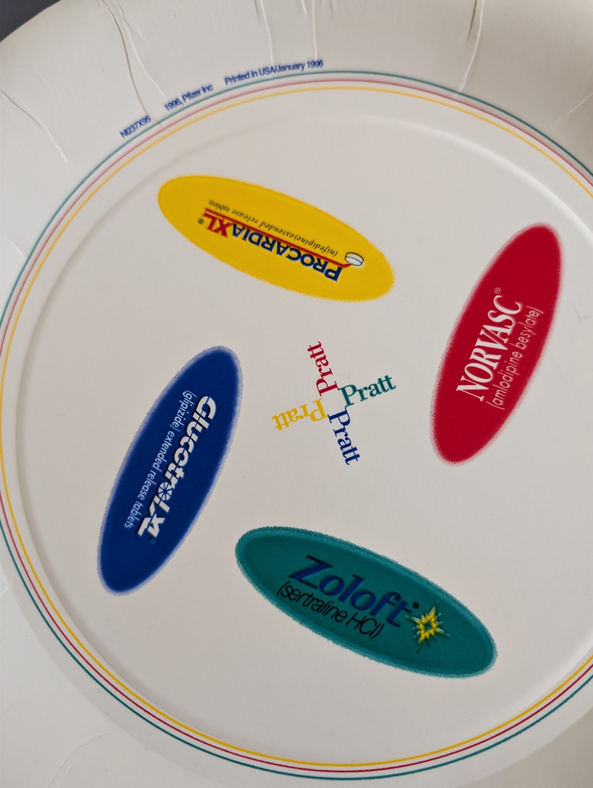 Vtg 1996 Pfizer Pratt Paper Plates 20ct Zoloft Procardia XL Norvasc Glucotrol XL