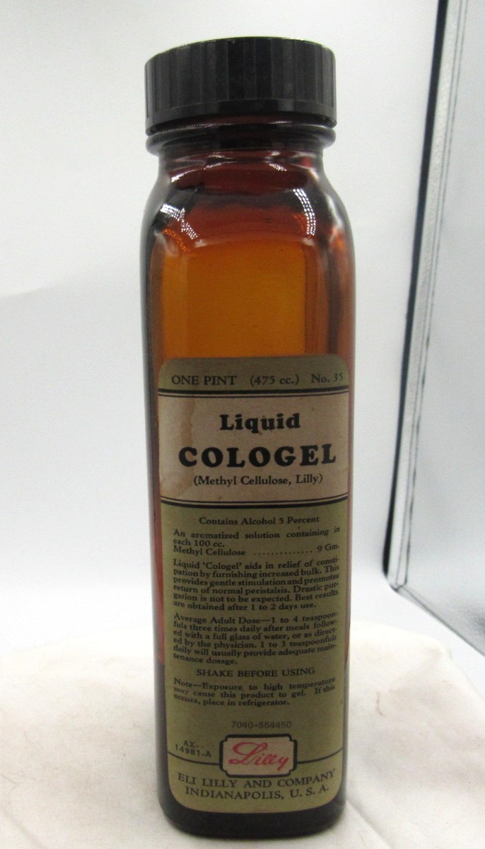 MM – 1930’s Eli Lilly Liq. Cologel Indianapolis Ind 7 7/8″ Amber Medicine bottle
