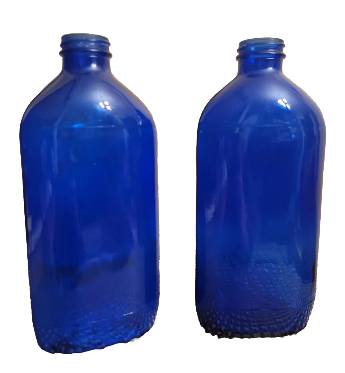 Vintage 2 Large 9.5″ Blue Cobalt Blue Medicine Bottle Embossed Made in USA, EXC