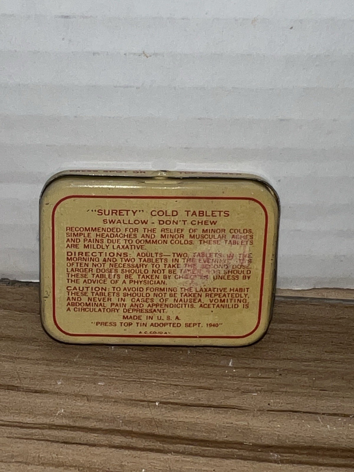 Vintage Surety Cold 12 Tablets Full Tin Wallace Brands New York Not For Use