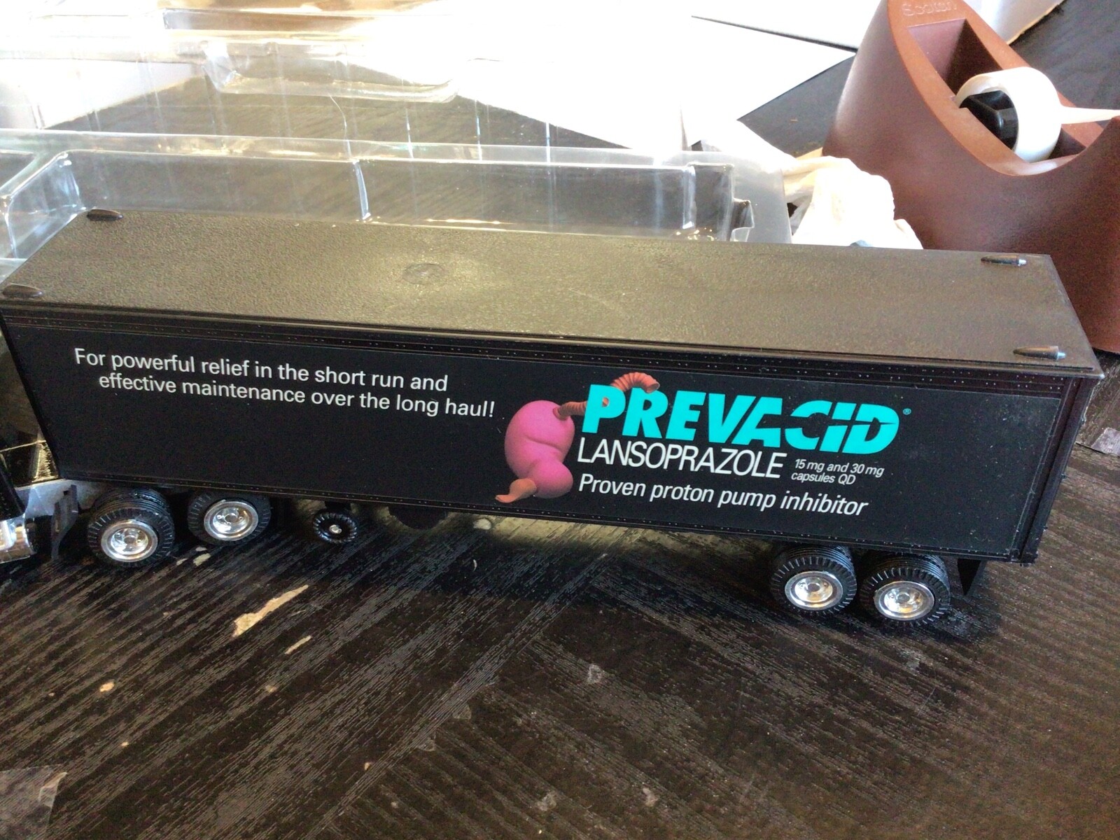 PREVACID ADVERTISING TOY TRACTOR TRAILER W TRUCK SHAPED BOX PHARMACEUTICAL