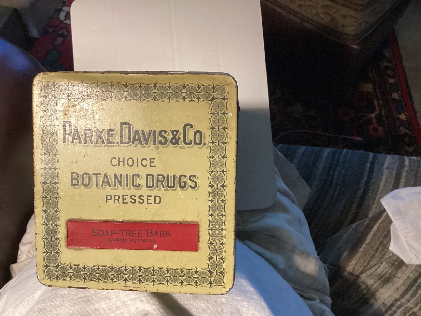 Antique Parke Davis & Co. Choice Botanic Drugs Pressed Soap-Tree Bark Metal Tin