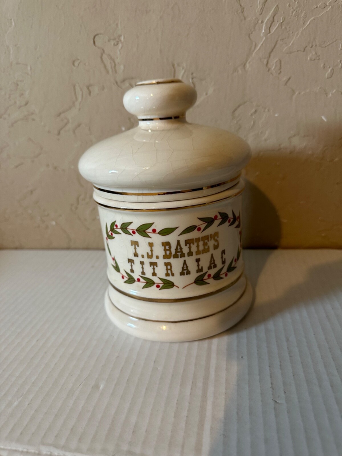 VINTAGE CERAMIC APOTHECARY JAR WITH LID- “T. J. BATIE’S TITRALAC”