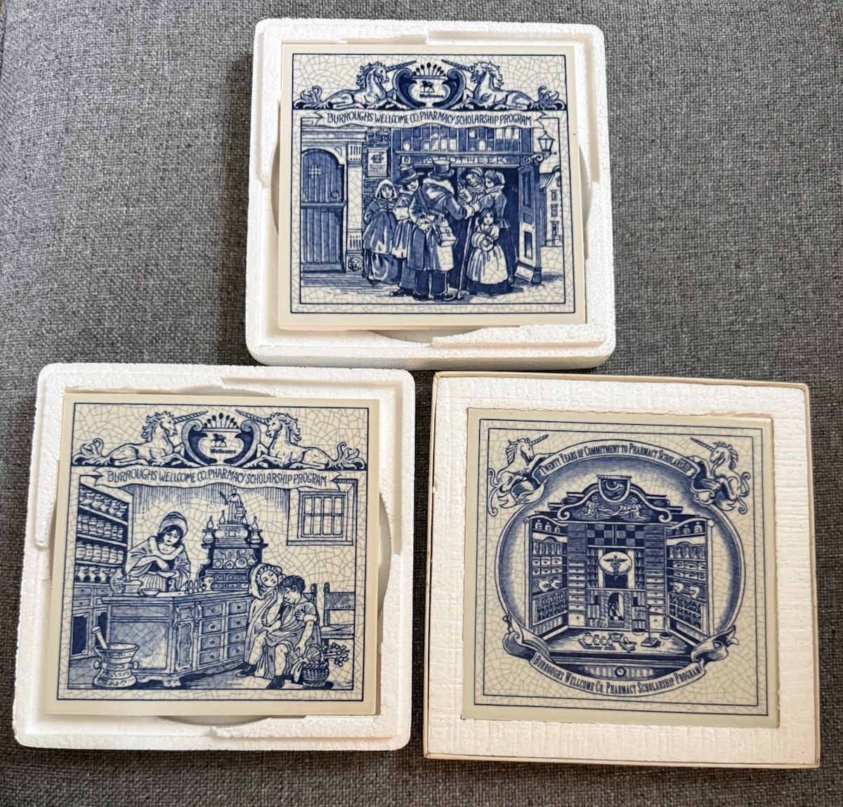 3 Delft Holland Pharmacists Pill Tile Burroughs Wellcome Pharmacy Scholarship